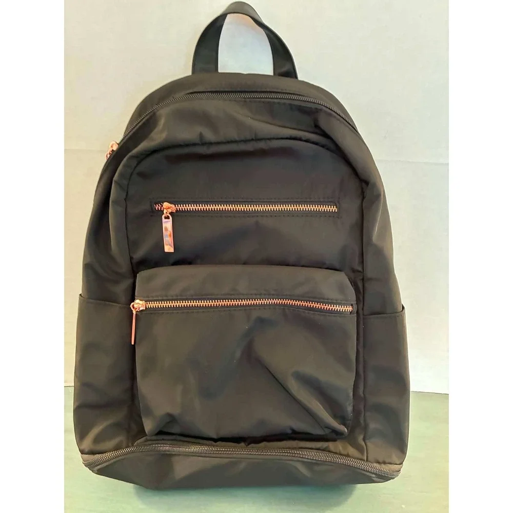 Moda Luxe Dome Backpack‎ Womens Black Rose Gold Hardware Minimalist Travel Purse